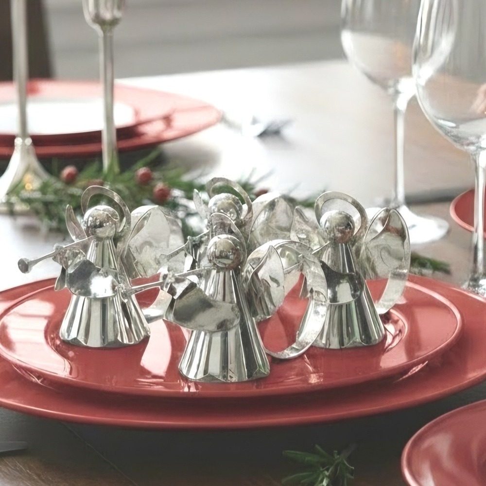Silver Plated Angel Napkin Rings, Trumpet Herald Christmas Table Decor, Set of 6